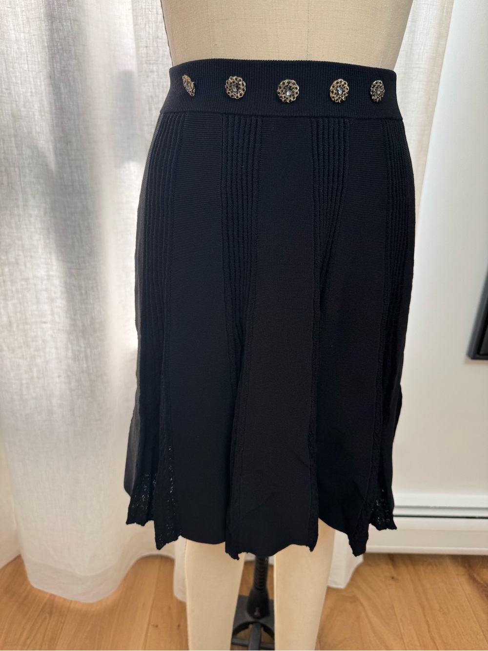 The Kooples Black Knit Midi Skirt with Decorative Buttons